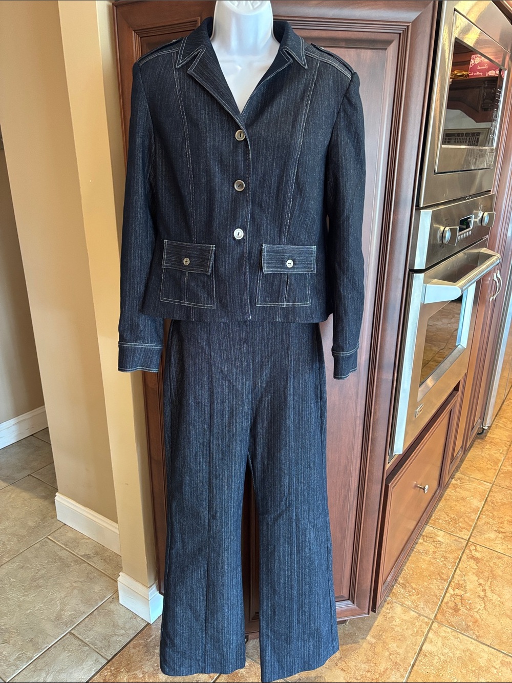 Classic Dark Denim Two-Piece Pantsuit, Size 8 Jacket and Size 6 Pants